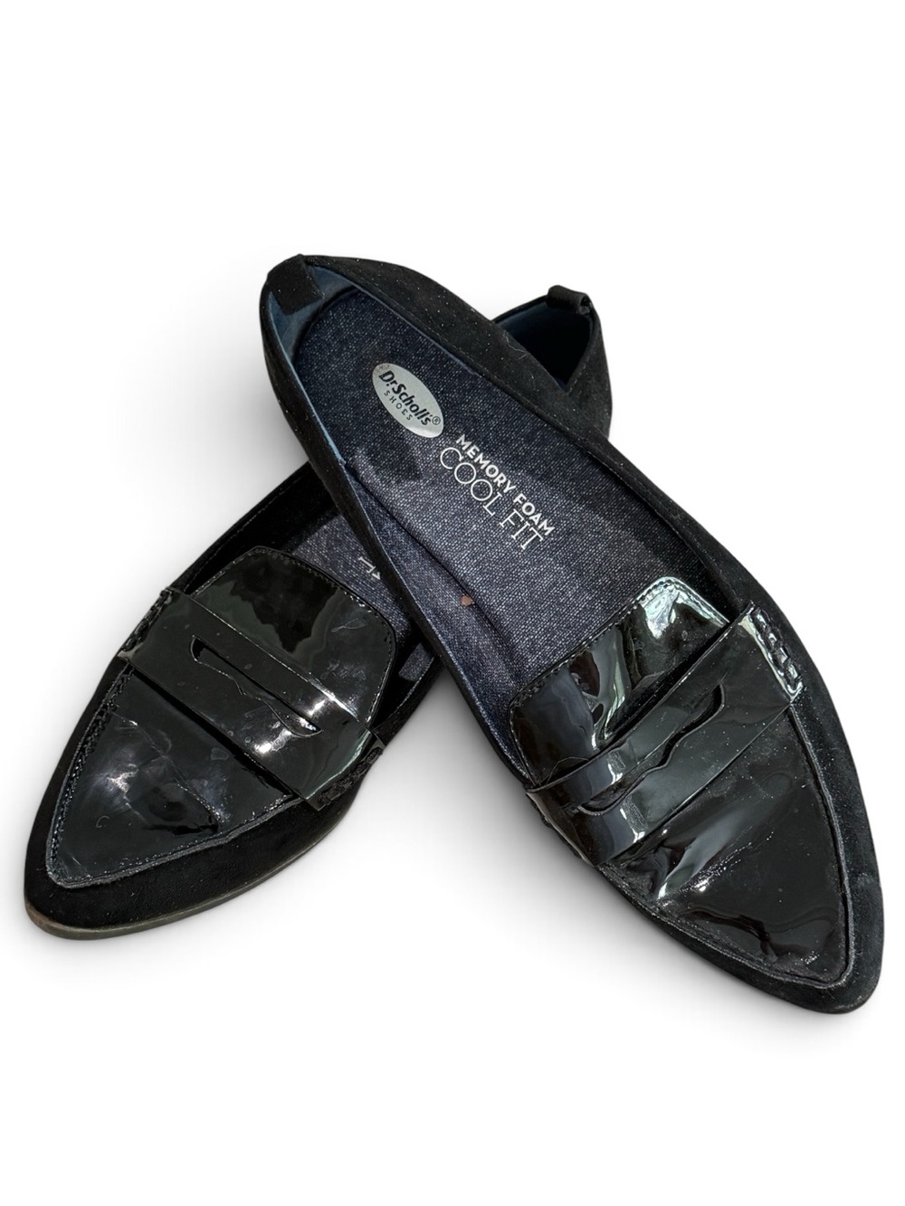 Dr. Scholl’s Black Patent and Suede Pointed Toe Loafers - Breathable Memory Foam